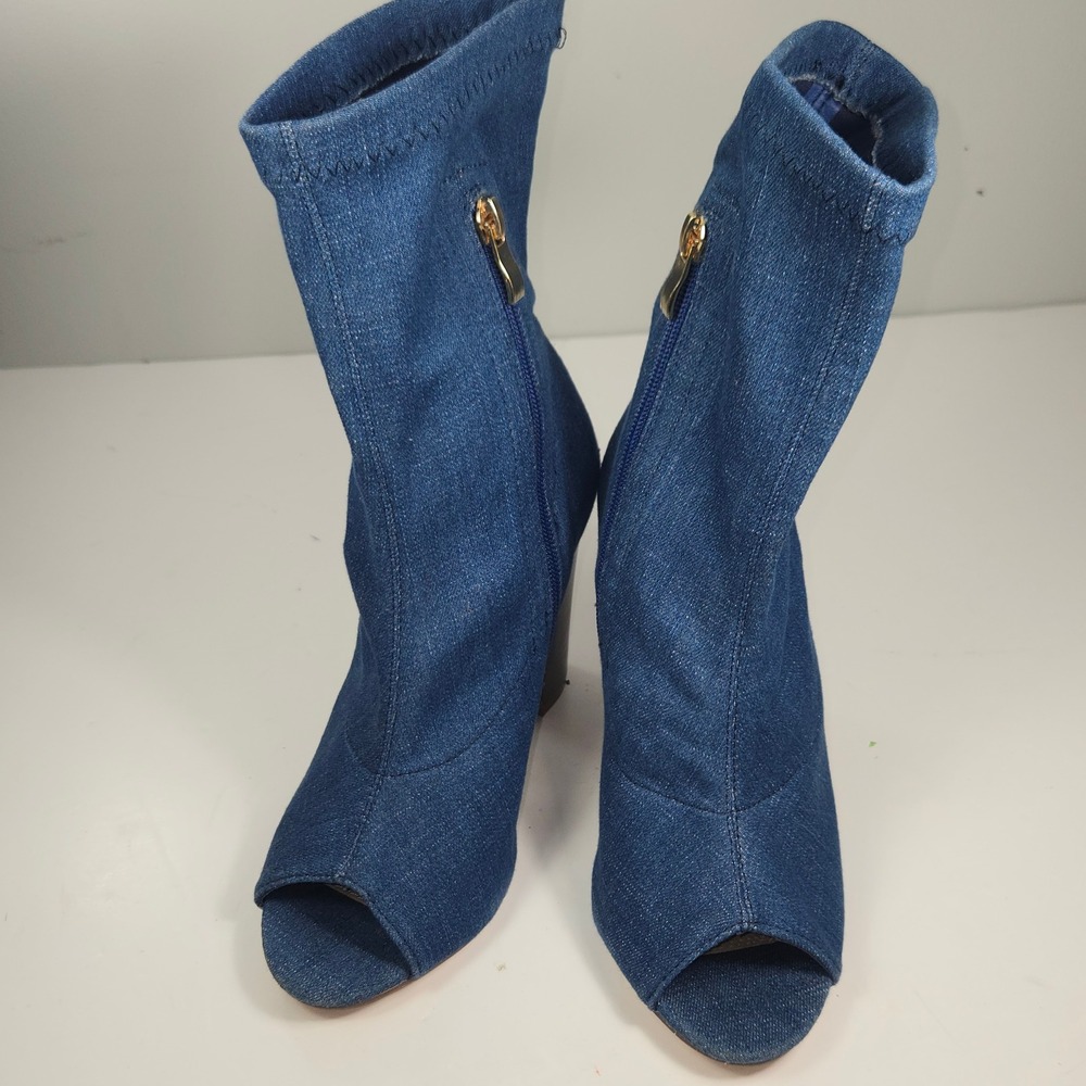 Melly Kerry Blue Denim Peep Toe Block Heel Sock Ankle Boots Womens Size‎ 6